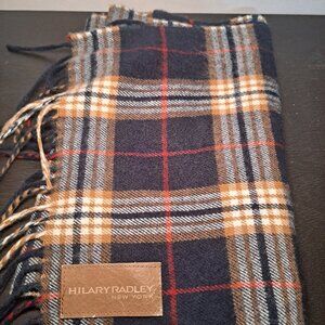 Hilary Radley navy blue, brown, and white plaid scarf